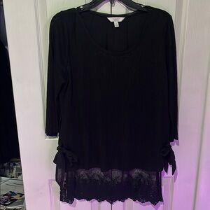 Black Lace Trim Blouse with Long Sleeves